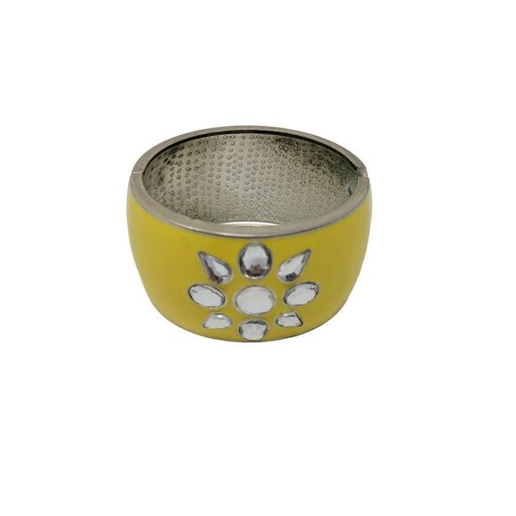Clamp Cuff Bangle Thick Chunky Yellow Enameled Rhinestone Flower Statement - Picture 11 of 11